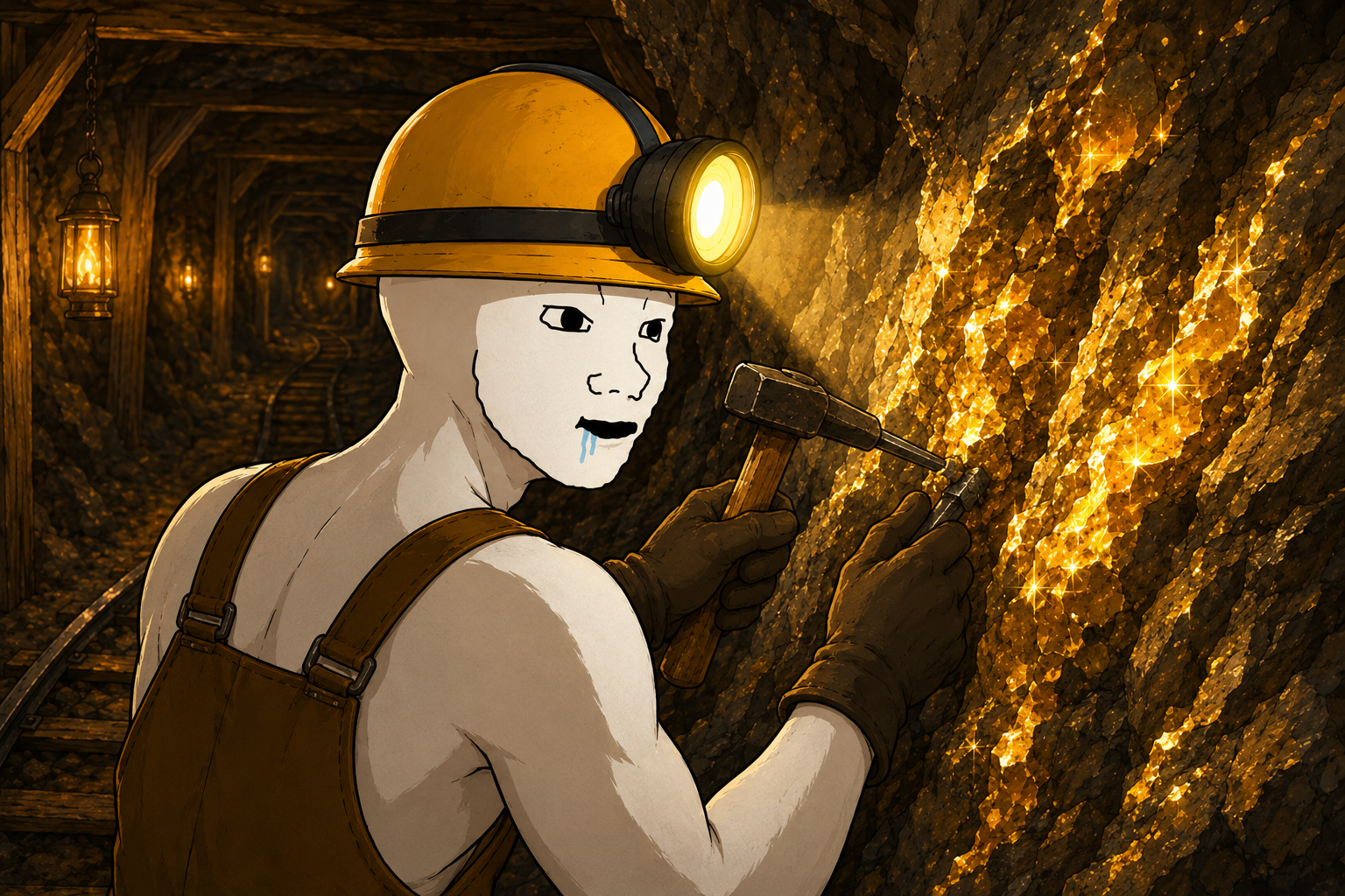 Miner Guy chiselling gold out of a glittering rock wall