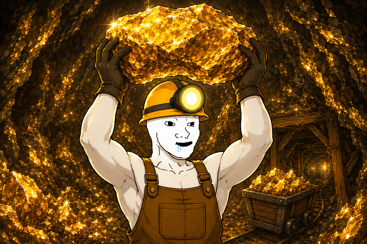Miner Guy lifting a giant gold nugget over his head